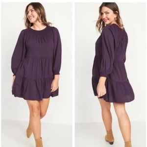Old Navy Long Sleeve Tiered Smocked Embroidered Mini Swing Dress
